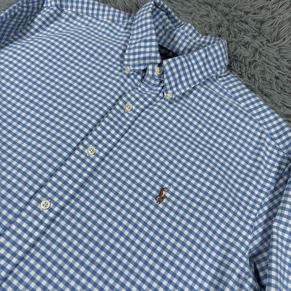 Ralph Lauren Shirt Large Blue White Button Down Oxford Gingham Flesh Pony Mens